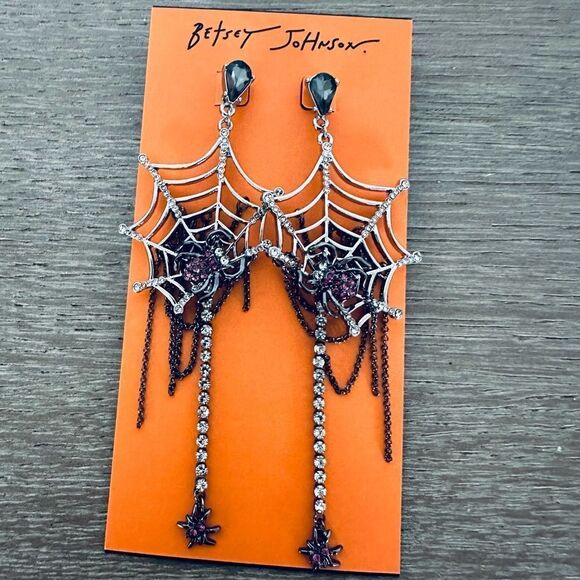 Betsey Johnson Halloween Crystal Jeweled Spider Spiderweb Statement Earrings - Picture 1 of 4